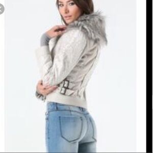 Bebe bonded lace faux fur collar motto-type jacket
